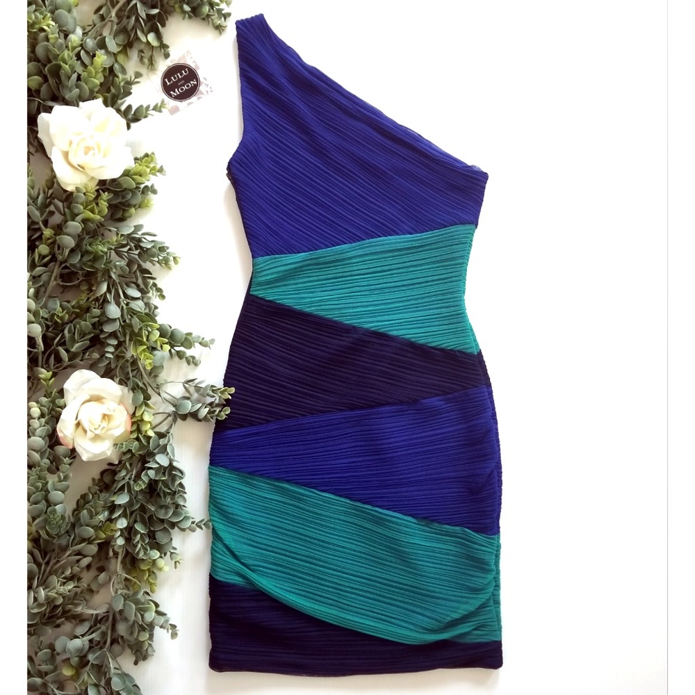 BCBG MAXAZRIA blue teal ruched dress size XS